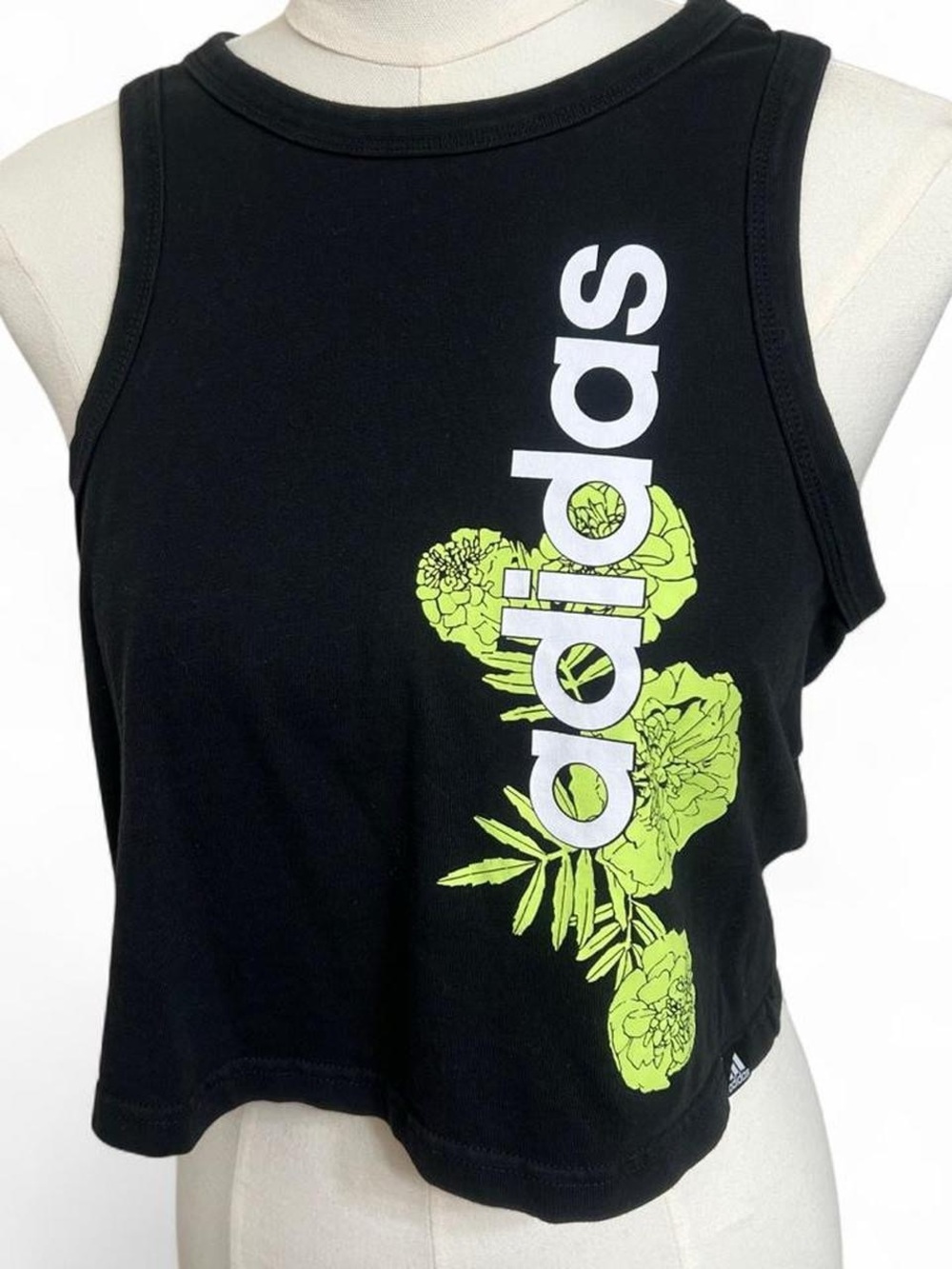 Adidas black tank top with neon green white floral graphic flowers active yoga